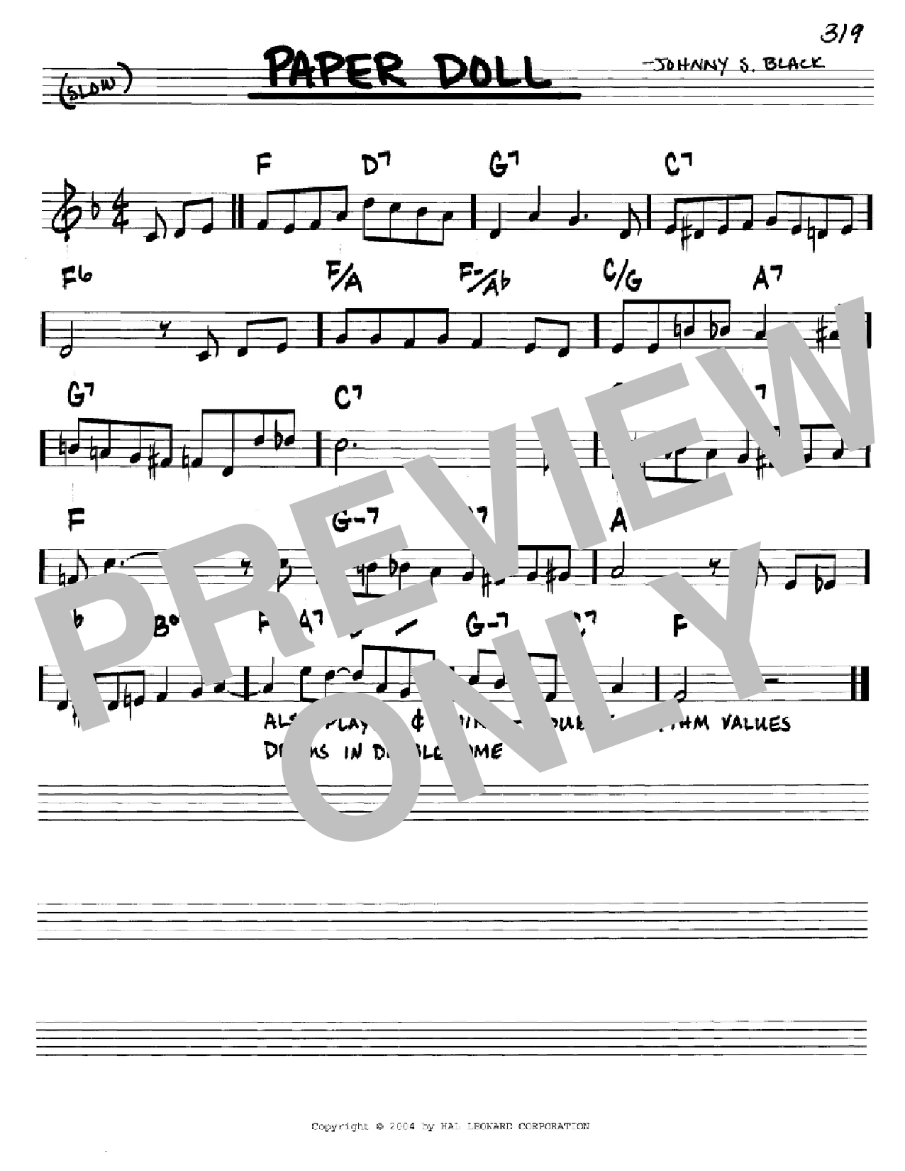 Download Johnny S. Black Paper Doll Sheet Music and learn how to play Real Book - Melody & Chords - Bass Clef Instruments PDF digital score in minutes