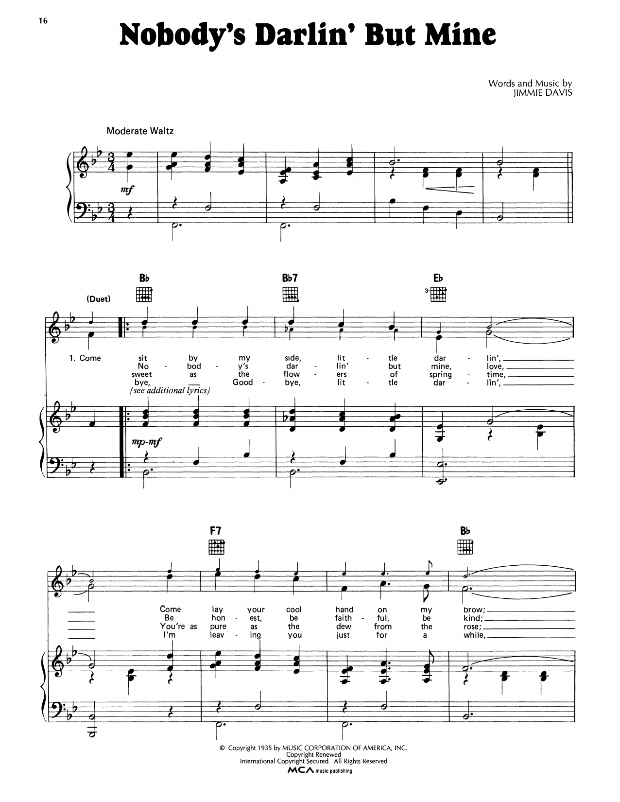 Download Johnny Sea Nobody's Darlin' But Mine Sheet Music and learn how to play Piano, Vocal & Guitar Chords (Right-Hand Melody) PDF digital score in minutes