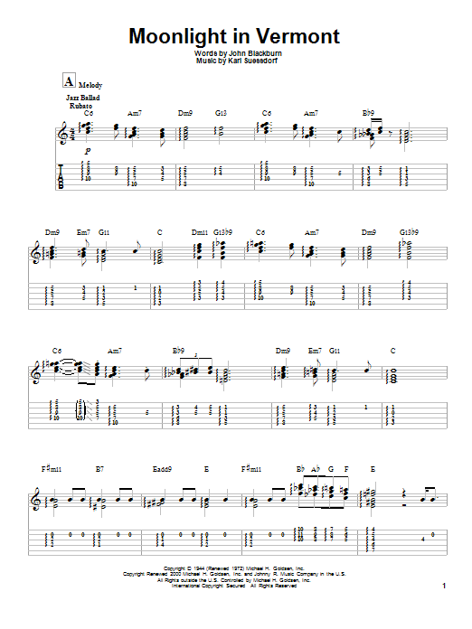 Download Johnny Smith Moonlight In Vermont Sheet Music and learn how to play Guitar Tab PDF digital score in minutes