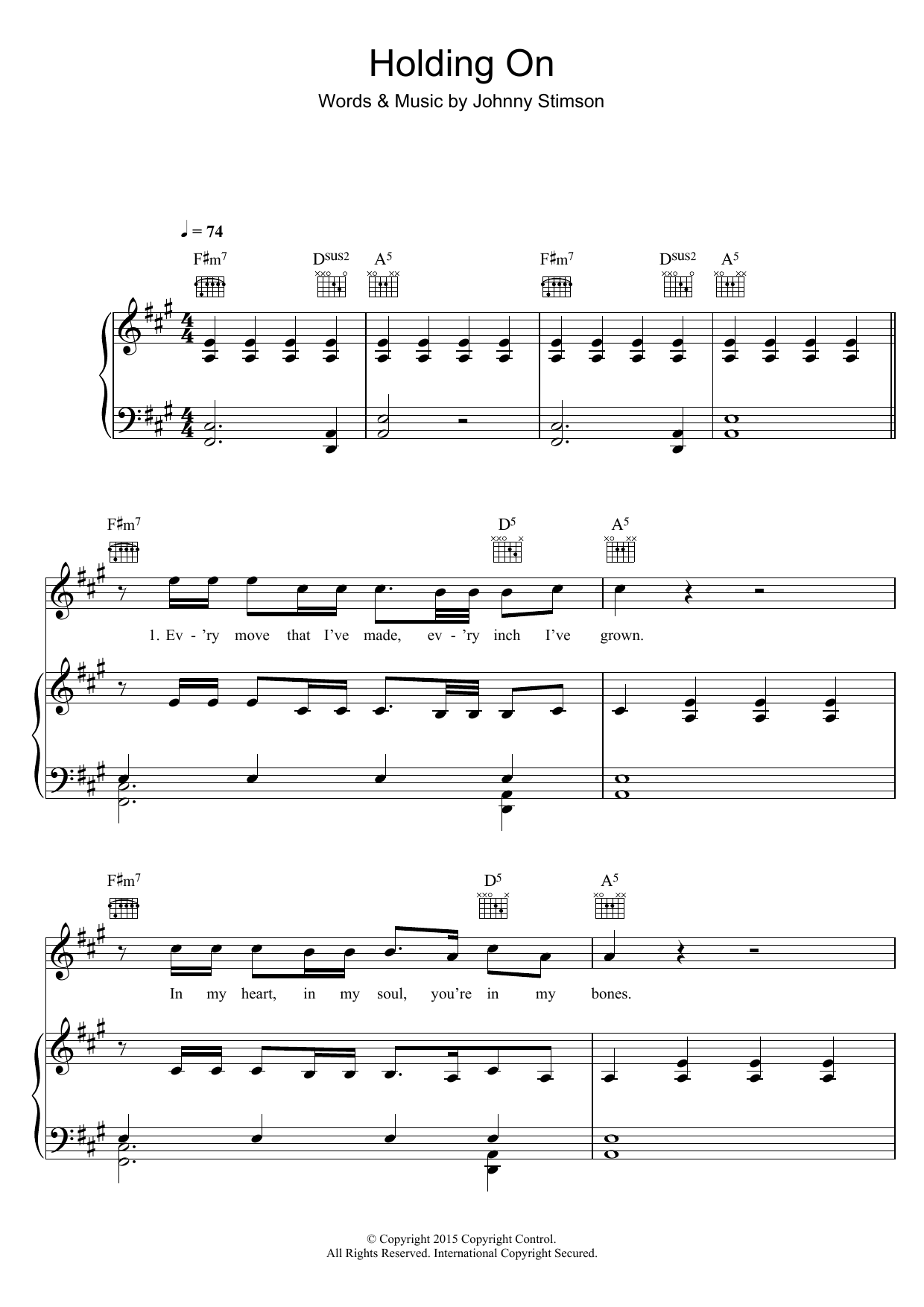 Download Johnny Stimson Holding On Sheet Music and learn how to play Piano, Vocal & Guitar (Right-Hand Melody) PDF digital score in minutes