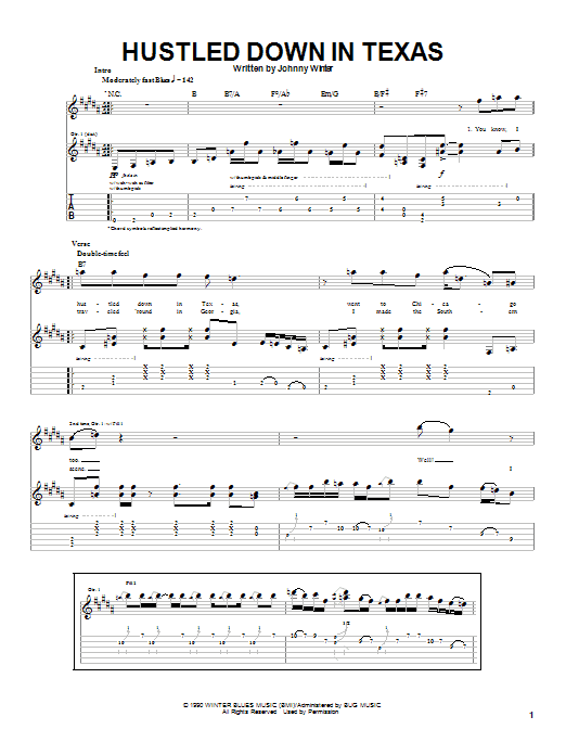 Download Johnny Winter Hustled Down In Texas Sheet Music and learn how to play Guitar Tab PDF digital score in minutes