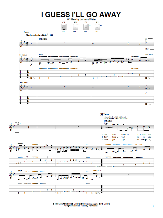 Download Johnny Winter I Guess I'll Go Away Sheet Music and learn how to play Guitar Tab PDF digital score in minutes