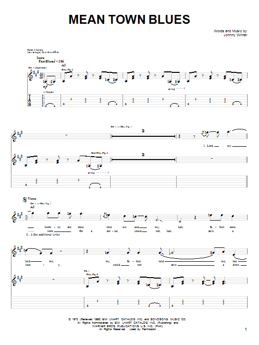 Download Johnny Winter Mean Town Blues Sheet Music and learn how to play Guitar Tab PDF digital score in minutes