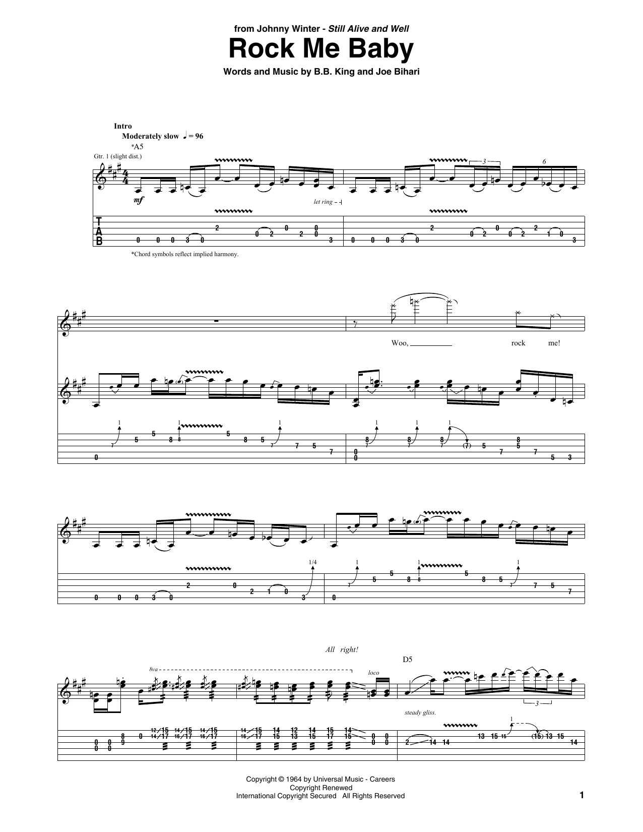 Download Johnny Winter Rock Me Baby Sheet Music and learn how to play Guitar Tab PDF digital score in minutes