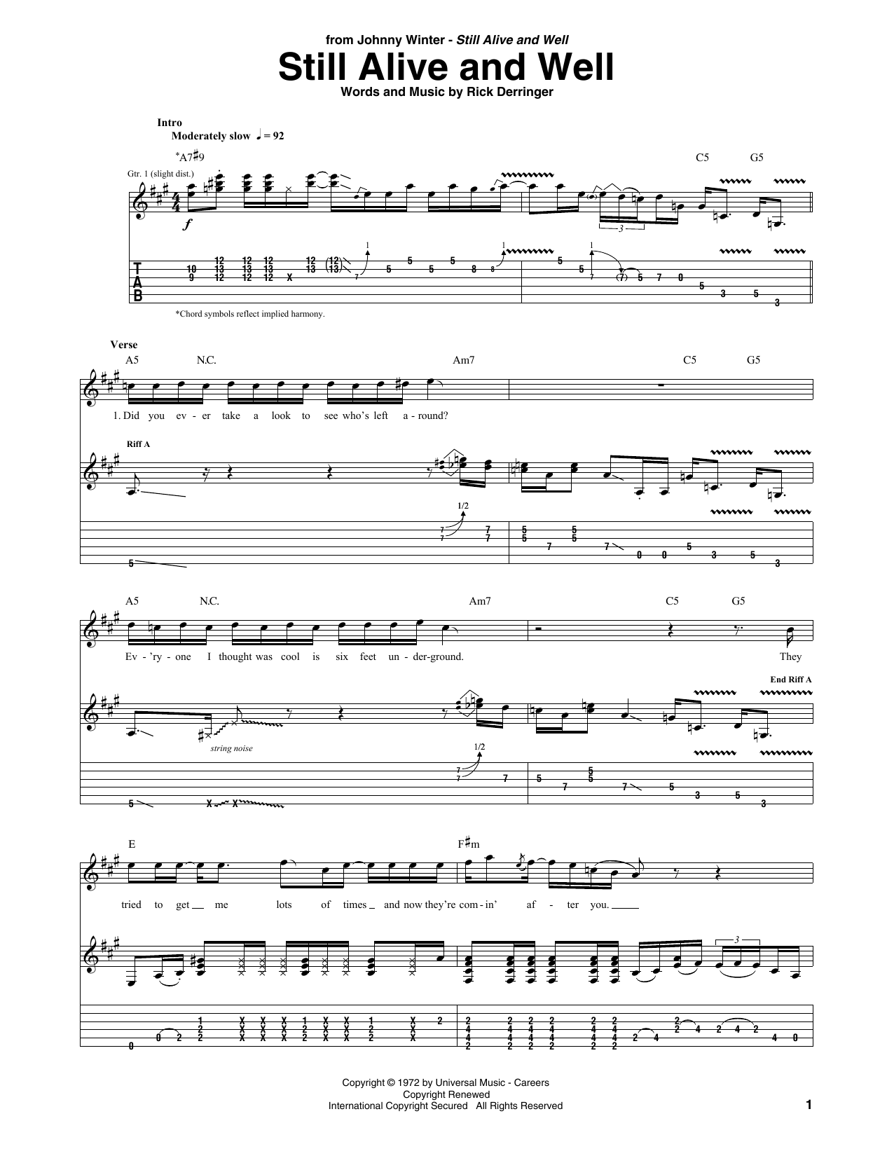 Download Johnny Winter Still Alive And Well Sheet Music and learn how to play Guitar Tab PDF digital score in minutes