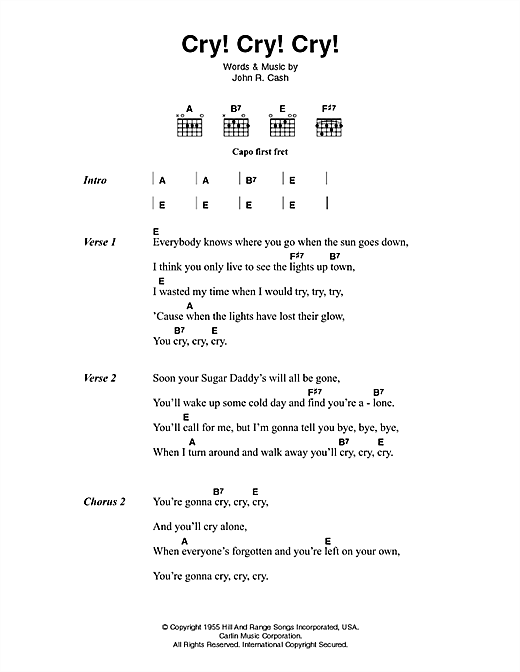 Download Johnny Cash Cry! Cry! Cry! Sheet Music and learn how to play Lyrics & Chords PDF digital score in minutes