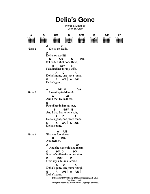 Download Johnny Cash Delia's Gone Sheet Music and learn how to play Lyrics & Chords PDF digital score in minutes