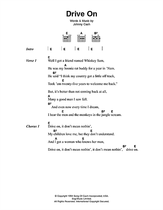 Download Johnny Cash Drive On Sheet Music and learn how to play Lyrics & Chords PDF digital score in minutes