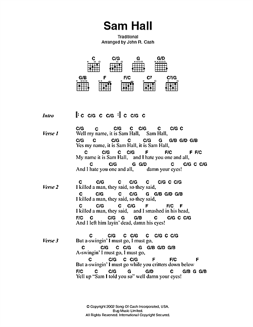 Download Johnny Cash Sam Hall Sheet Music and learn how to play Lyrics & Chords PDF digital score in minutes
