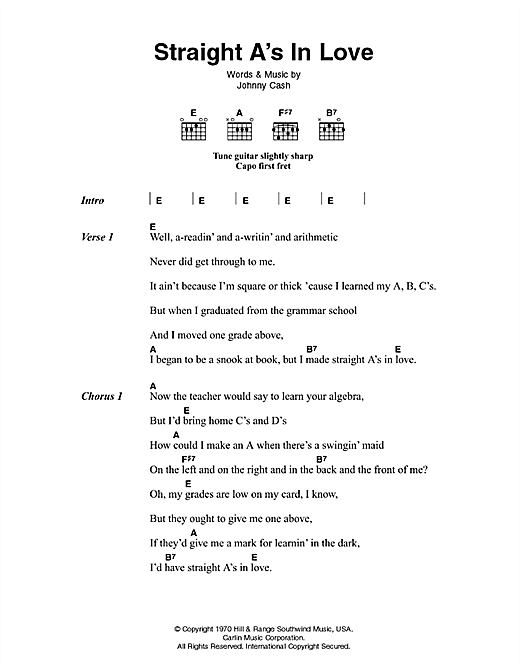 Download Johnny Cash Straight A's In Love Sheet Music and learn how to play Lyrics & Chords PDF digital score in minutes