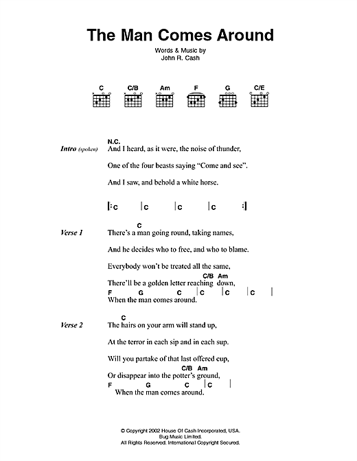 Download Johnny Cash The Man Comes Around Sheet Music and learn how to play Lyrics & Chords PDF digital score in minutes