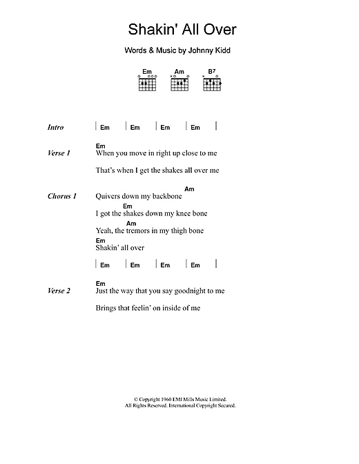 Download Johnny Kidd Shakin' All Over Sheet Music and learn how to play Lyrics & Chords PDF digital score in minutes