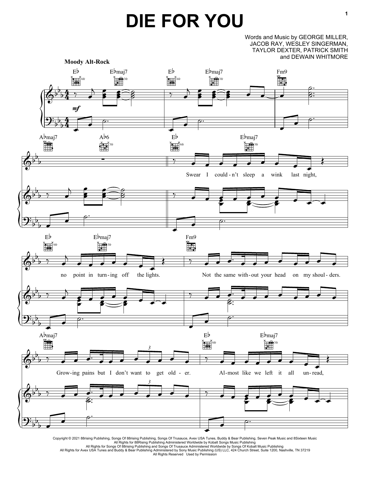 Download Joji Die For You Sheet Music and learn how to play Piano, Vocal & Guitar Chords (Right-Hand Melody) PDF digital score in minutes