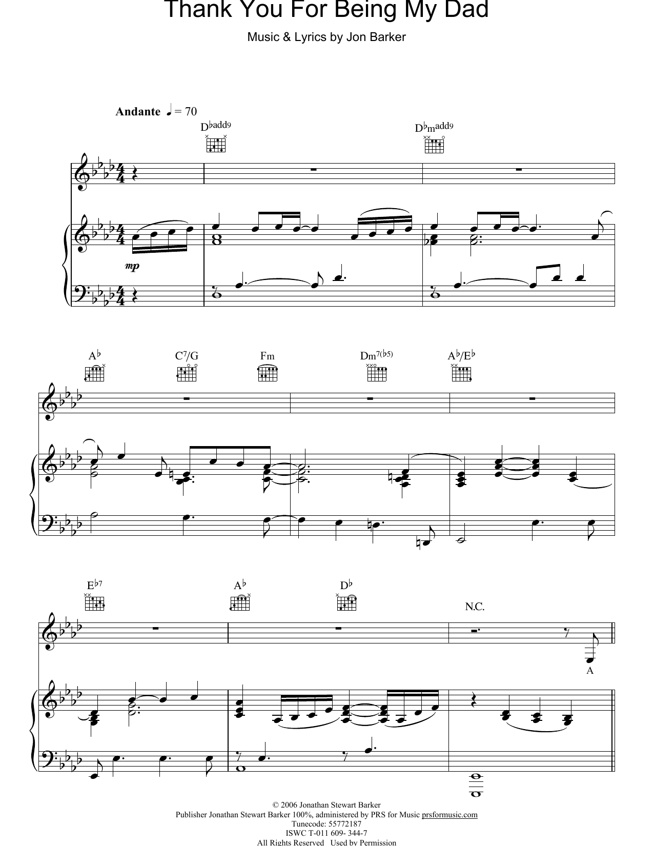 Download Jon Barker Thank You For Being My Dad Sheet Music and learn how to play Piano, Vocal & Guitar Chords (Right-Hand Melody) PDF digital score in minutes