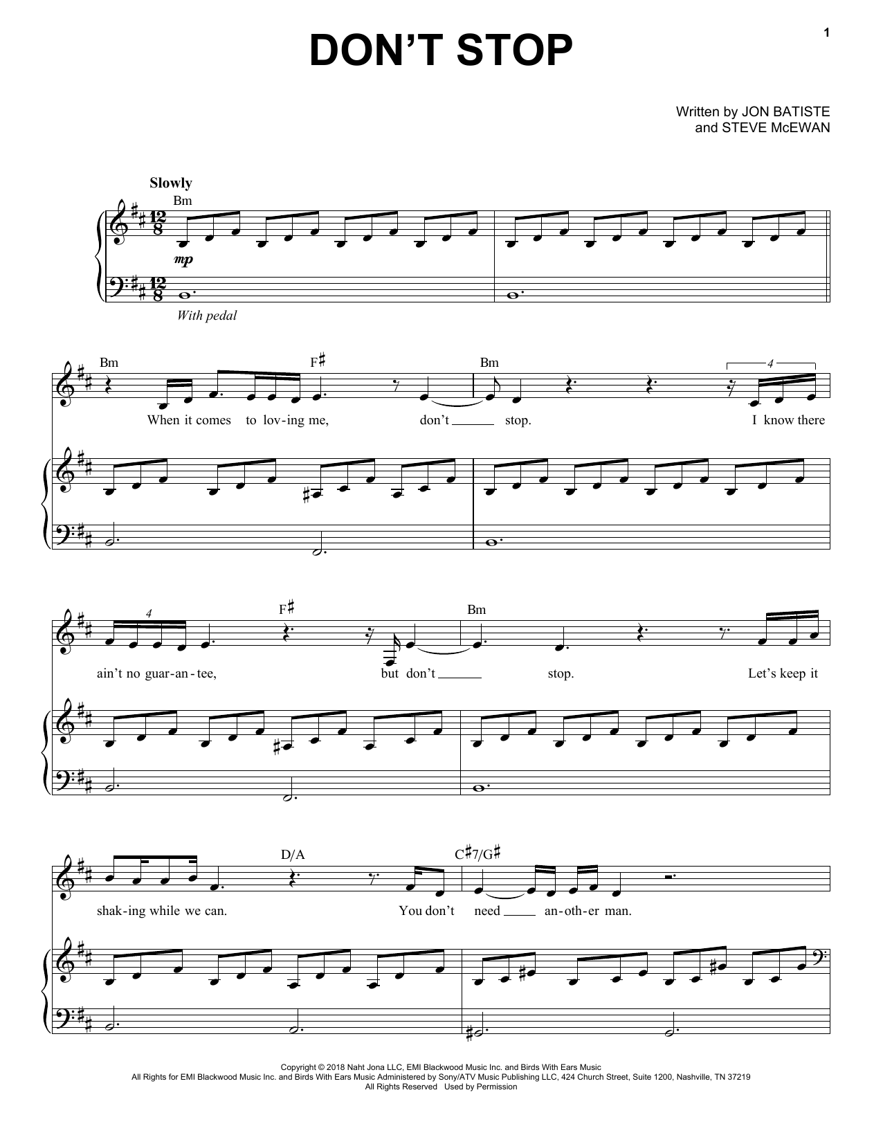 Download Jon Batiste Don't Stop Sheet Music and learn how to play Piano, Vocal & Guitar Chords (Right-Hand Melody) PDF digital score in minutes