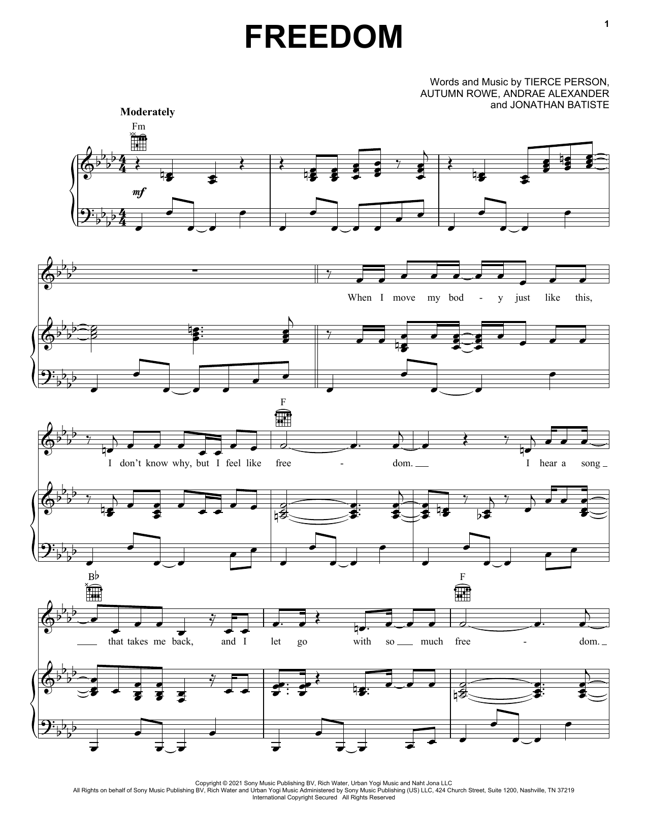 Download Jon Batiste FREEDOM Sheet Music and learn how to play Piano, Vocal & Guitar Chords (Right-Hand Melody) PDF digital score in minutes