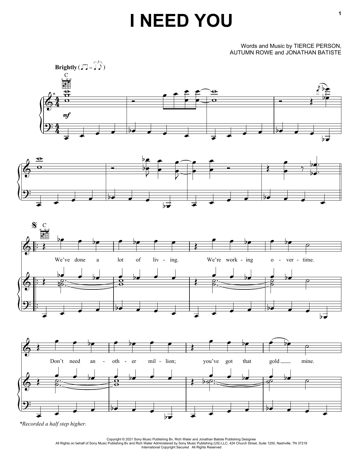 Download Jon Batiste I NEED YOU Sheet Music and learn how to play Piano, Vocal & Guitar Chords (Right-Hand Melody) PDF digital score in minutes