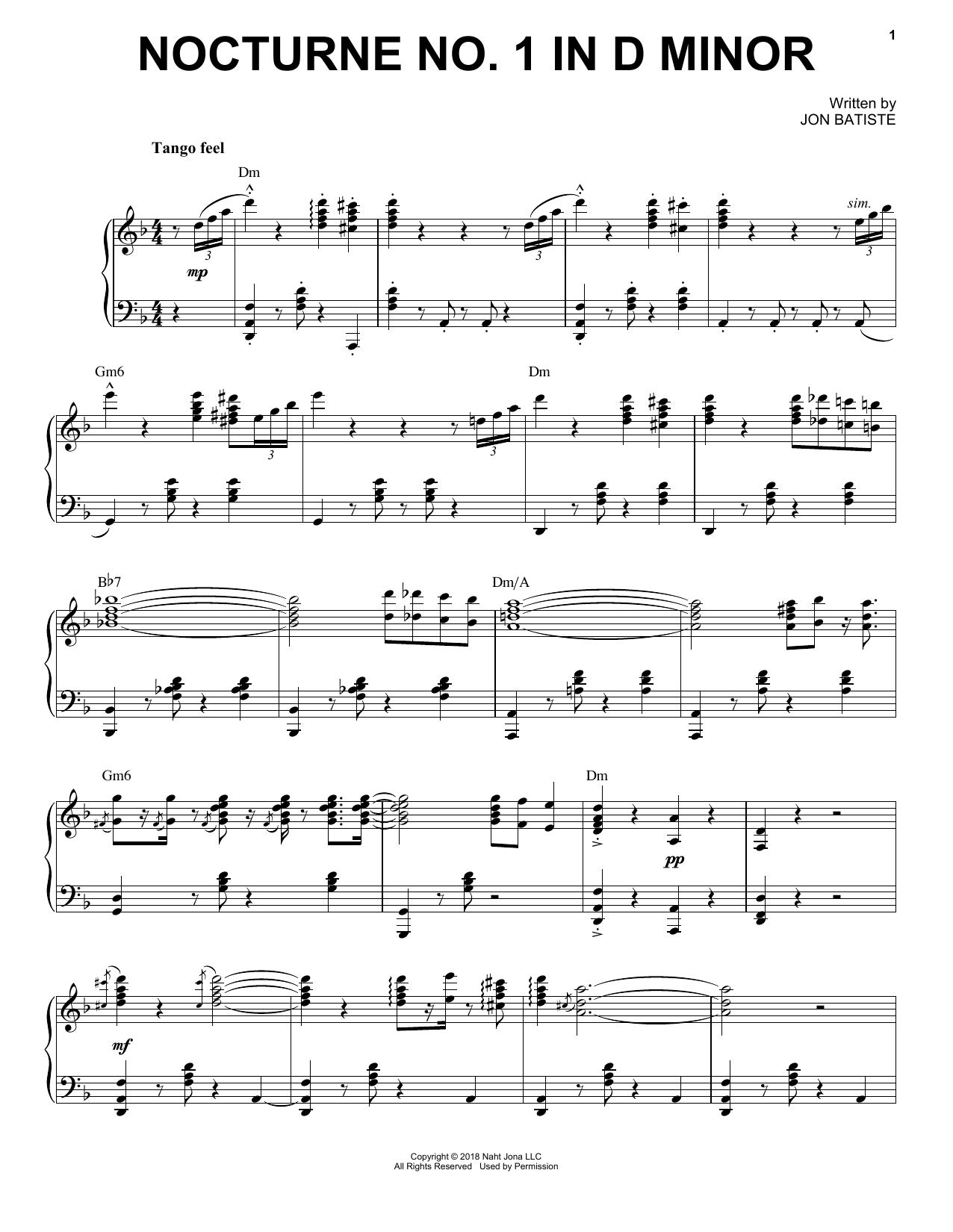 Download Jon Batiste Nocturne No. 1 In D Minor Sheet Music and learn how to play Piano Solo PDF digital score in minutes