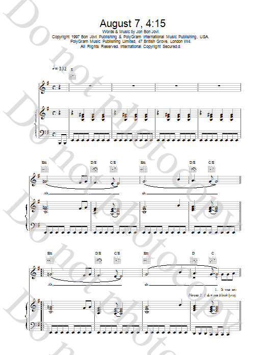 Download Jon Bon Jovi August 7, 4:15 Sheet Music and learn how to play Piano, Vocal & Guitar (Right-Hand Melody) PDF digital score in minutes