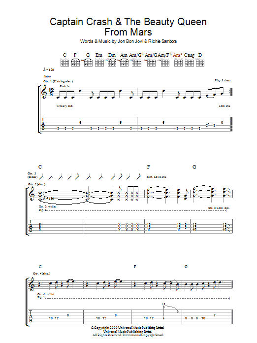 Download Bon Jovi Captain Crash & The Beauty Queen From Mars Sheet Music and learn how to play Guitar Tab PDF digital score in minutes