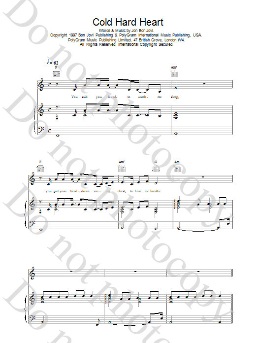 Download Jon Bon Jovi Cold Hard Heart Sheet Music and learn how to play Piano, Vocal & Guitar (Right-Hand Melody) PDF digital score in minutes