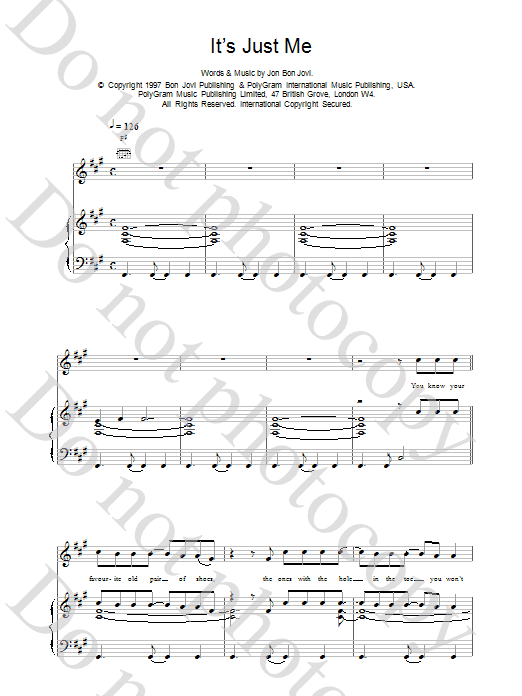 Download Jon Bon Jovi It's Just Me Sheet Music and learn how to play Piano, Vocal & Guitar (Right-Hand Melody) PDF digital score in minutes