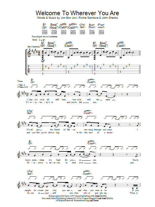 Download Jon Bon Jovi Welcome To Wherever You Are Sheet Music and learn how to play Guitar Tab PDF digital score in minutes