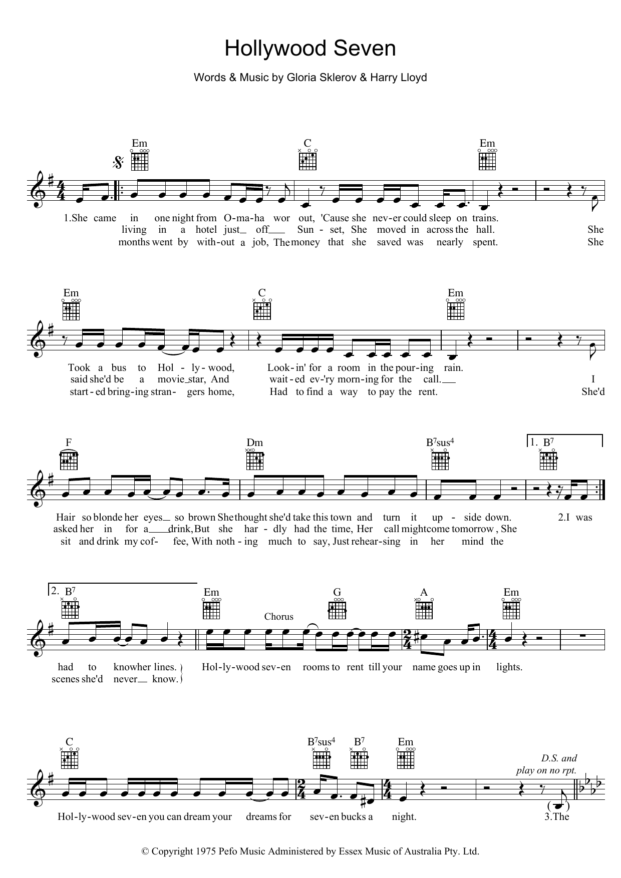 Download Jon English Hollywood Seven Sheet Music and learn how to play Melody Line, Lyrics & Chords PDF digital score in minutes