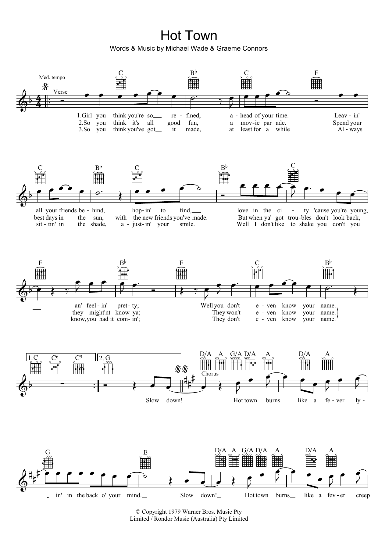 Download Jon English Hot Town Sheet Music and learn how to play Melody Line, Lyrics & Chords PDF digital score in minutes
