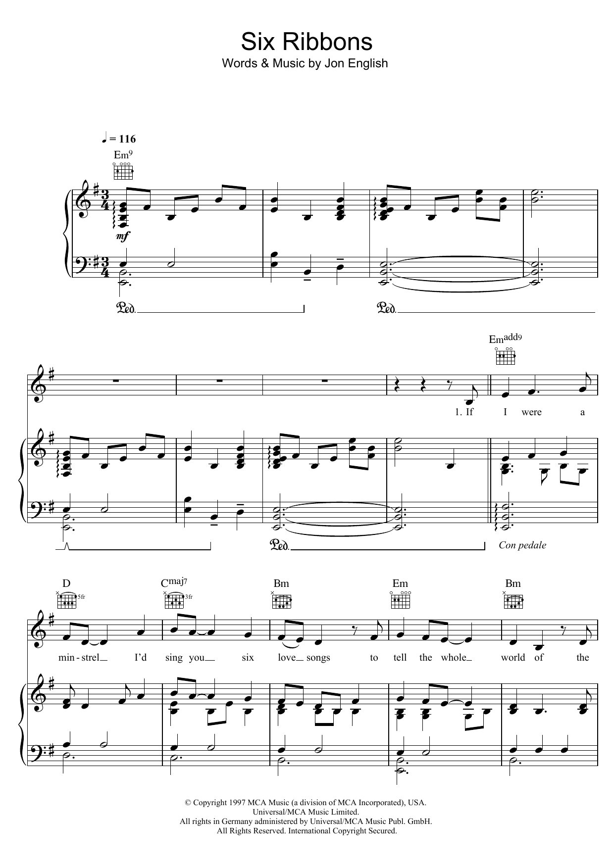 Download Jon English Six Ribbons Sheet Music and learn how to play Piano, Vocal & Guitar (Right-Hand Melody) PDF digital score in minutes