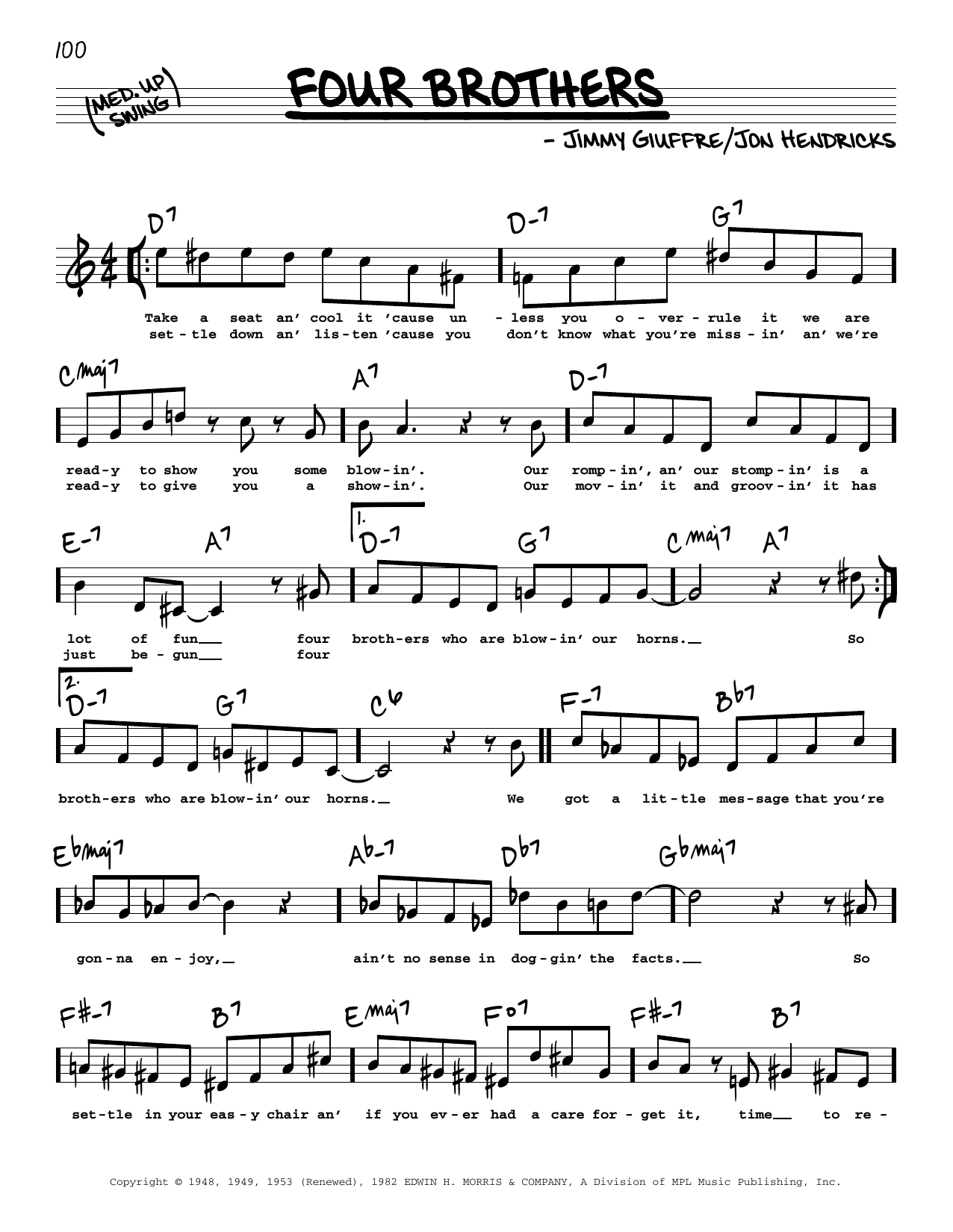 Download Jon Hendricks Four Brothers (High Voice) Sheet Music and learn how to play Real Book – Melody, Lyrics & Chords PDF digital score in minutes