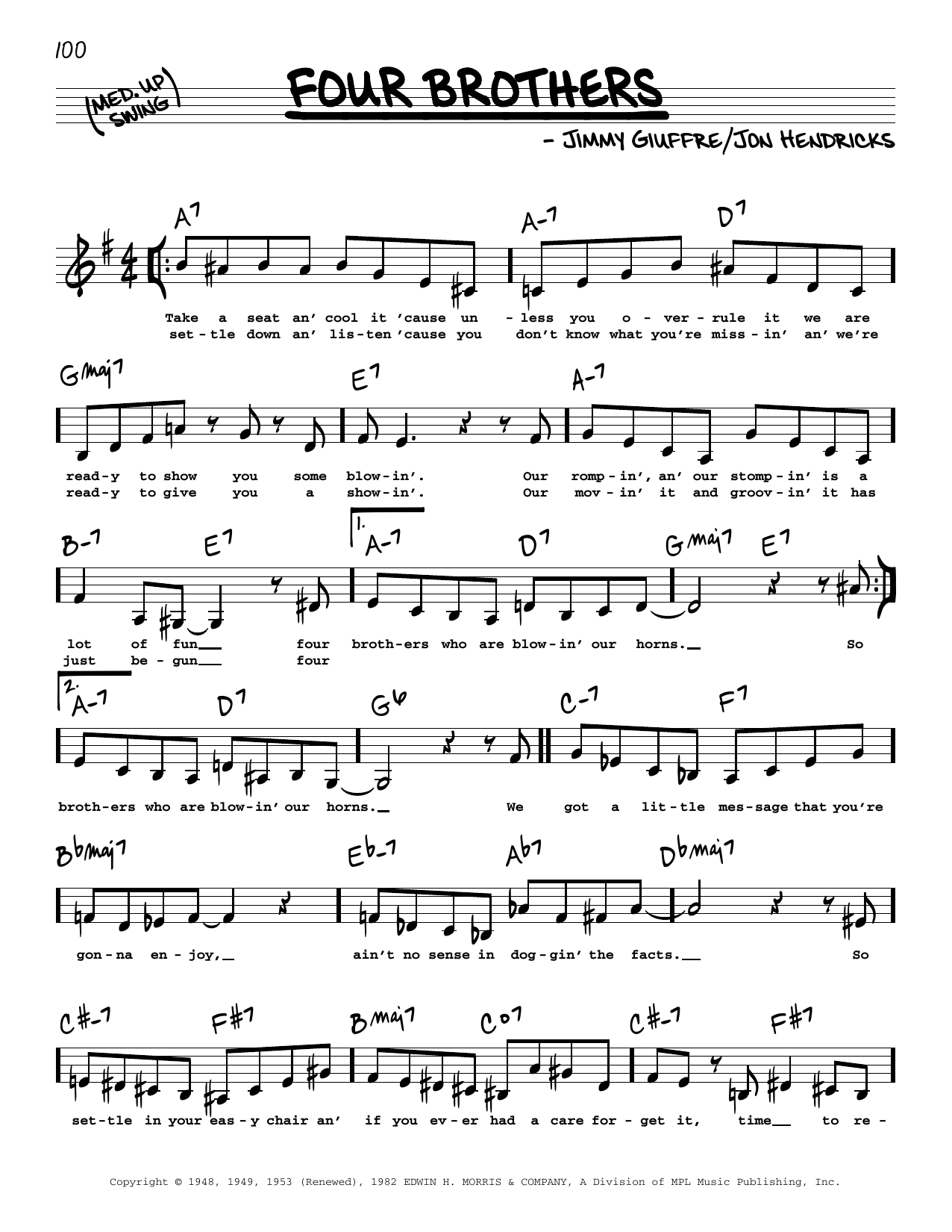 Download Jon Hendricks Four Brothers (Low Voice) Sheet Music and learn how to play Real Book – Melody, Lyrics & Chords PDF digital score in minutes