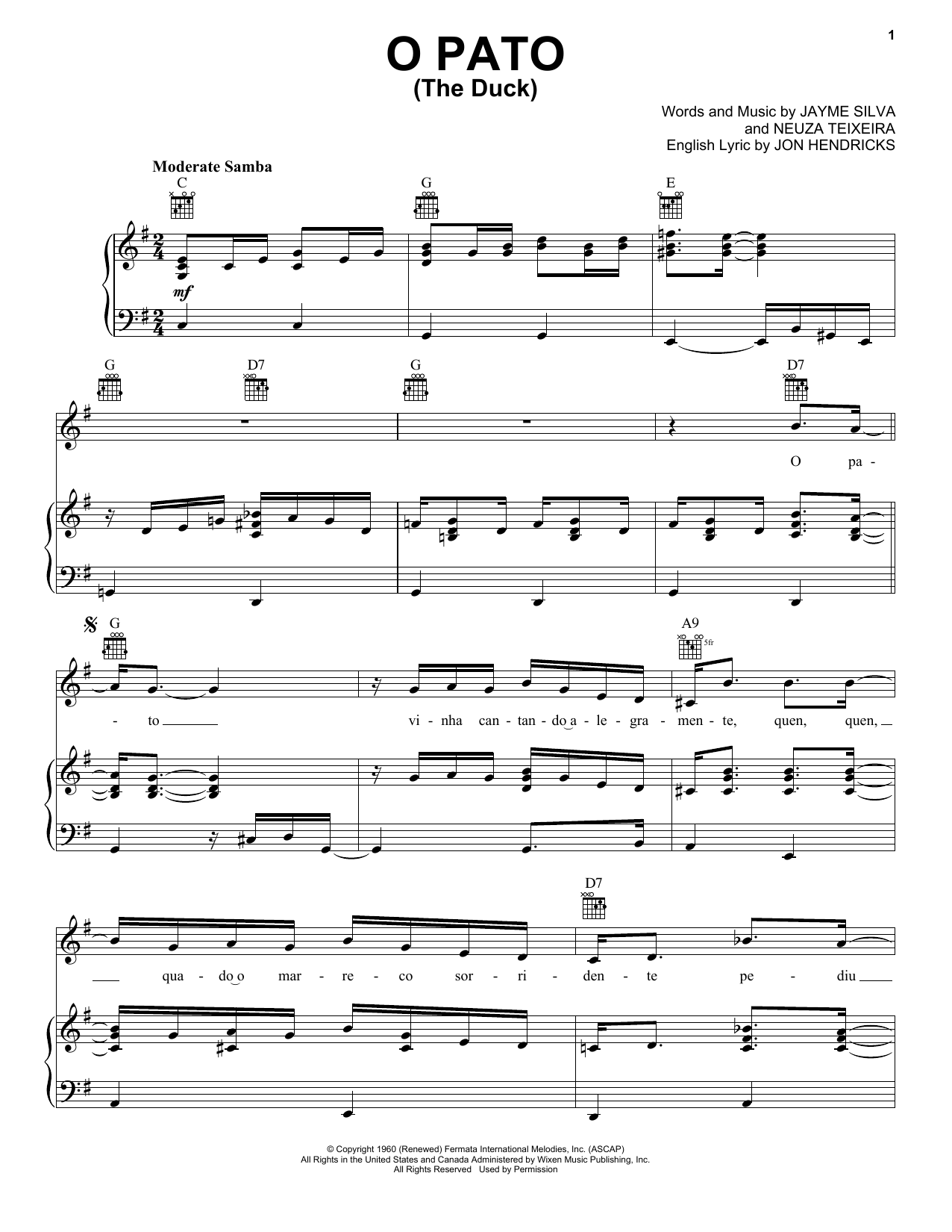 Download Jon Hendricks O Pato (The Duck) Sheet Music and learn how to play Very Easy Piano PDF digital score in minutes