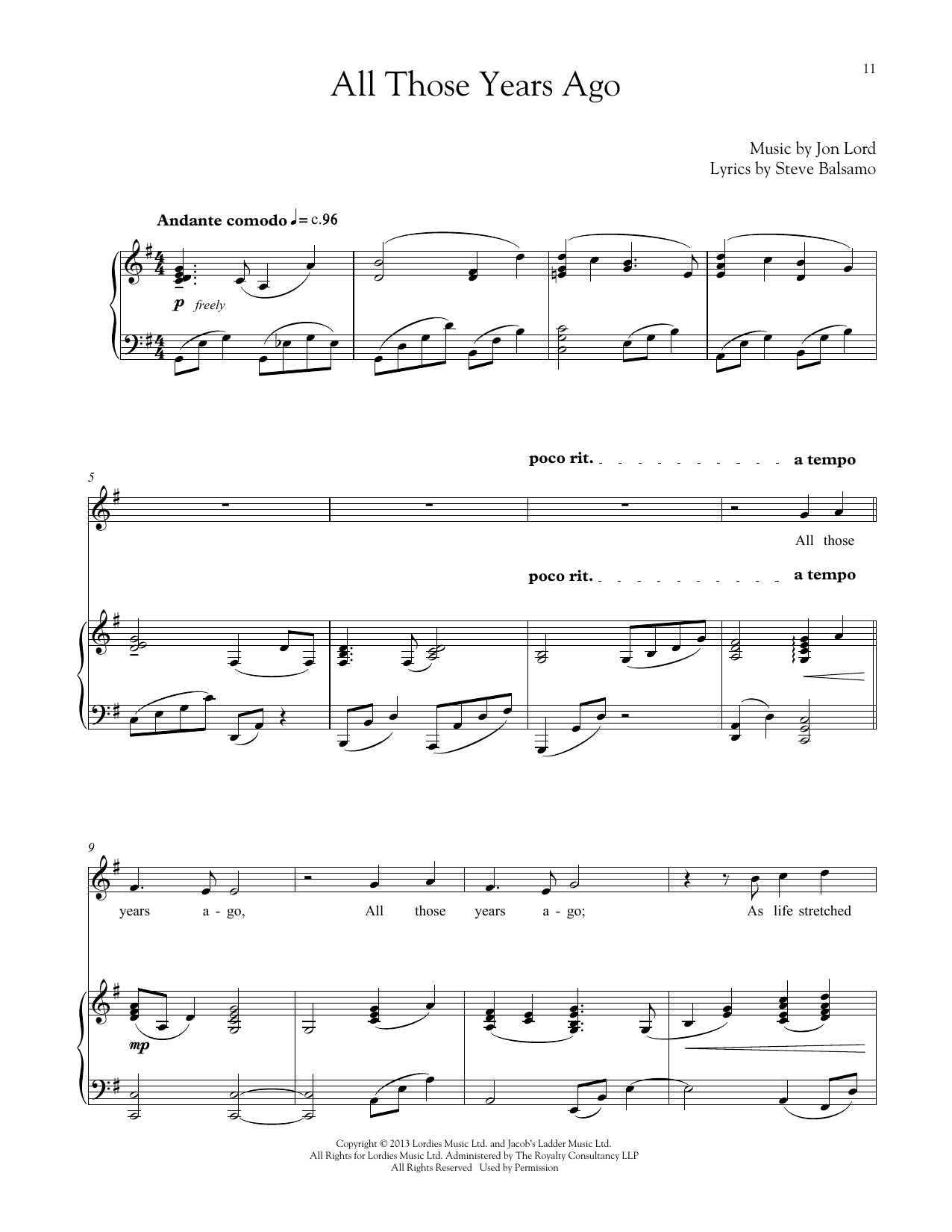 Download Jon Lord All Those Years Ago Sheet Music and learn how to play Piano & Vocal PDF digital score in minutes