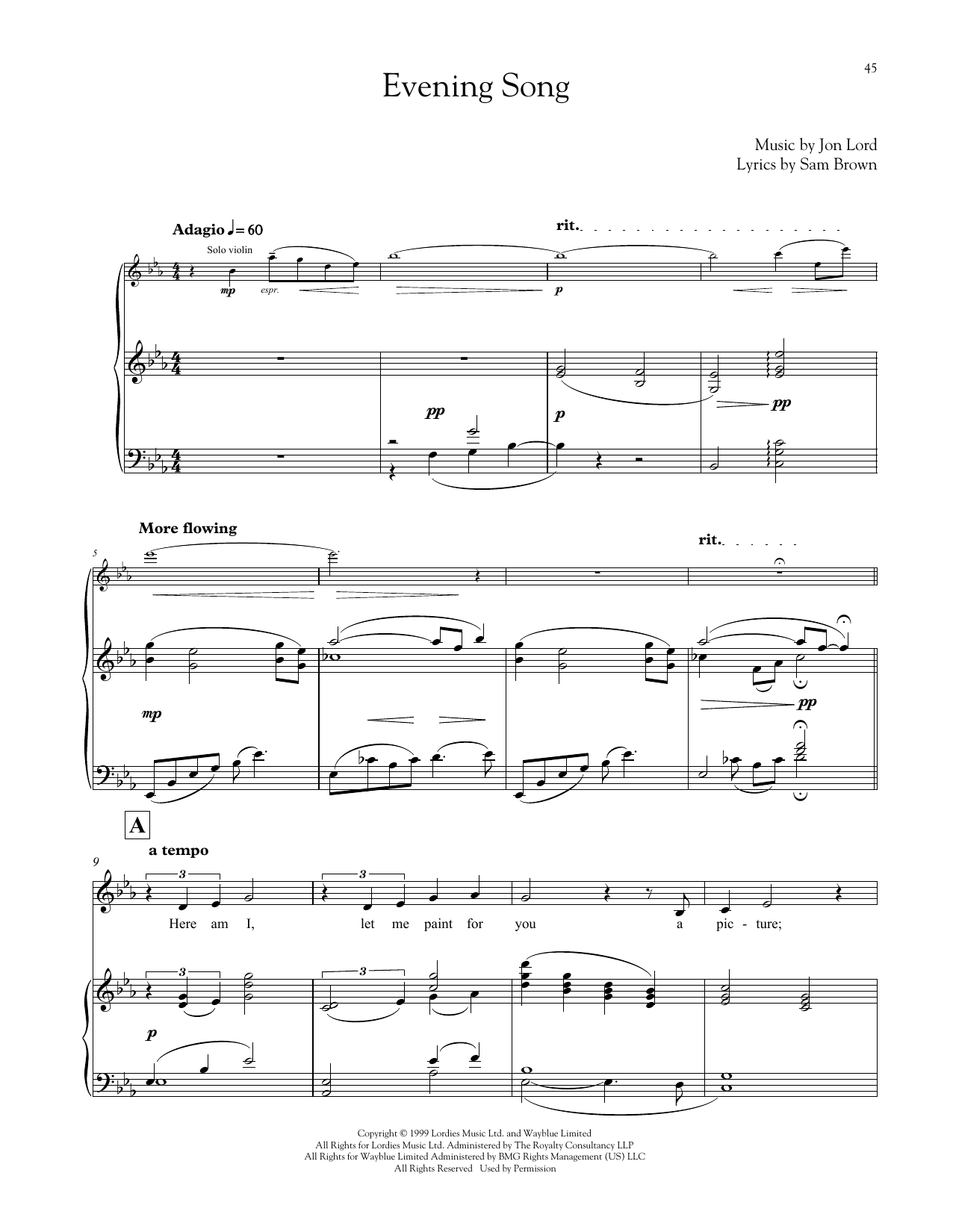 Download Jon Lord Evening Song Sheet Music and learn how to play Piano & Vocal PDF digital score in minutes