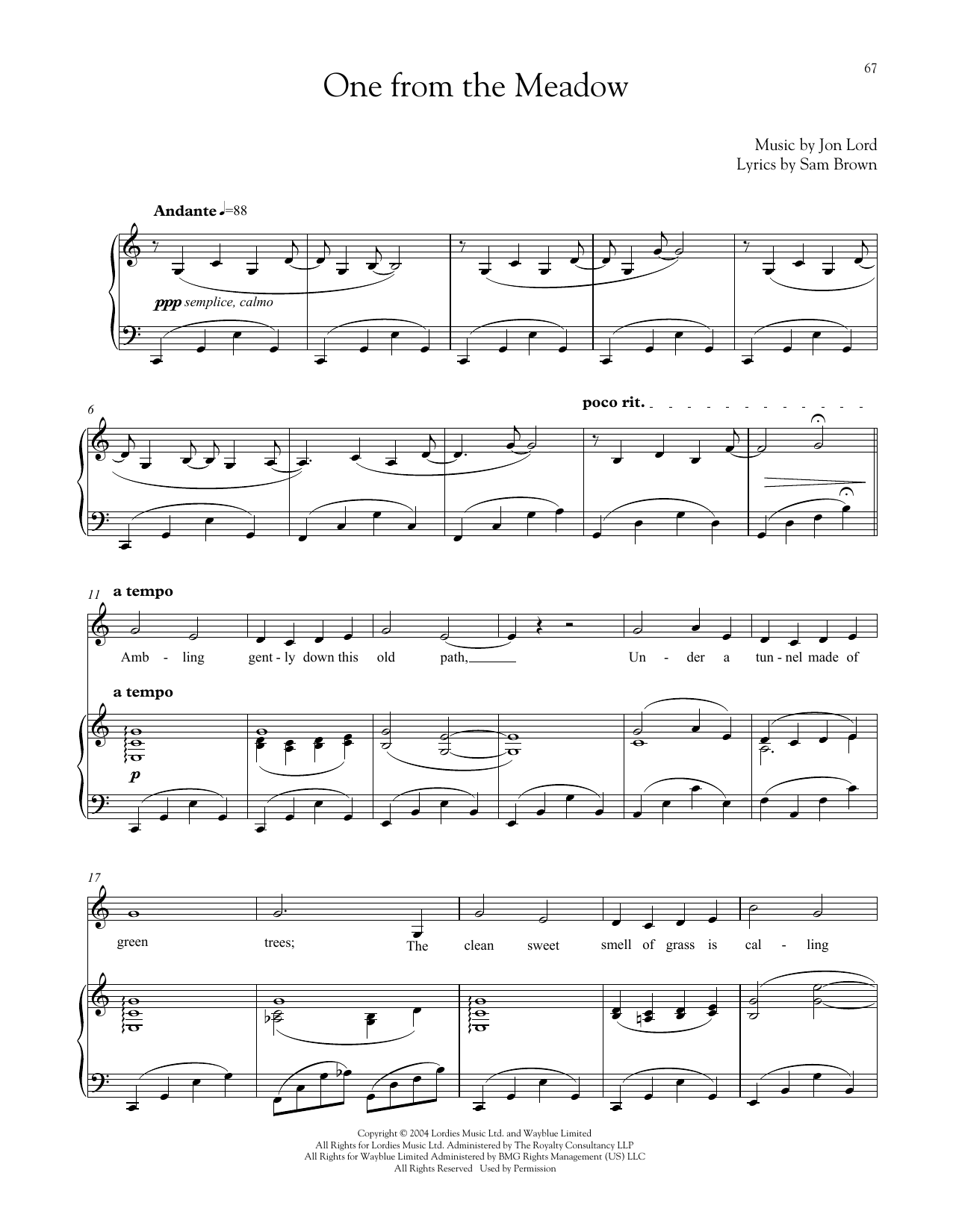 Download Jon Lord One From The Meadow Sheet Music and learn how to play Piano & Vocal PDF digital score in minutes