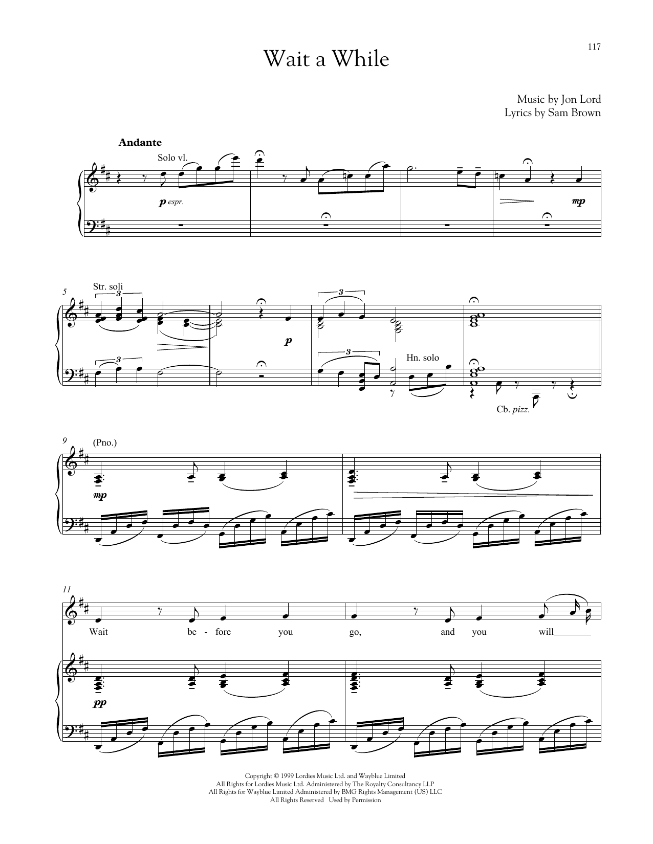 Download Jon Lord Wait A While Sheet Music and learn how to play Piano & Vocal PDF digital score in minutes