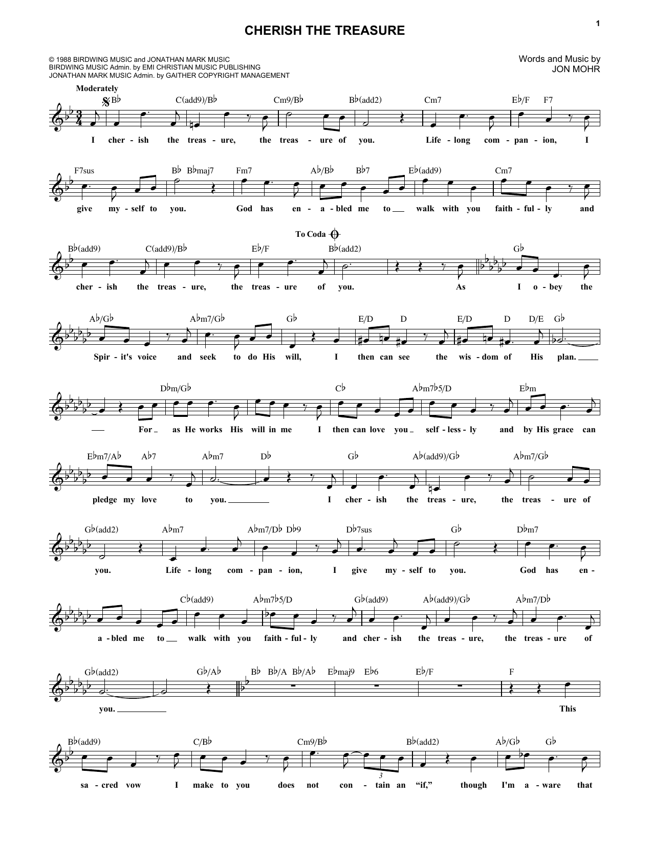 Download Jon Mohr Cherish The Treasure Sheet Music and learn how to play Melody Line, Lyrics & Chords PDF digital score in minutes