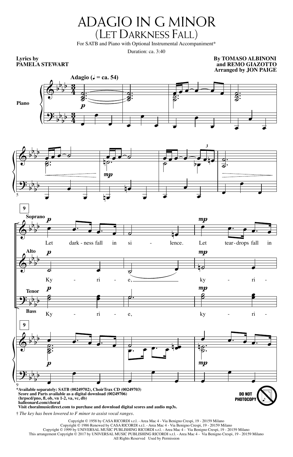 Download Jon Paige Adagio In Sol Minore (Adagio In G Minor) Sheet Music and learn how to play SATB PDF digital score in minutes