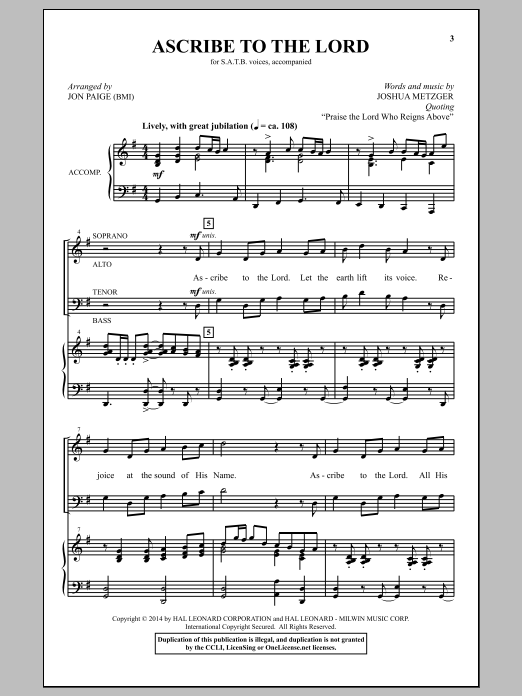 Download Jon Paige Ascribe To The Lord Sheet Music and learn how to play SATB PDF digital score in minutes