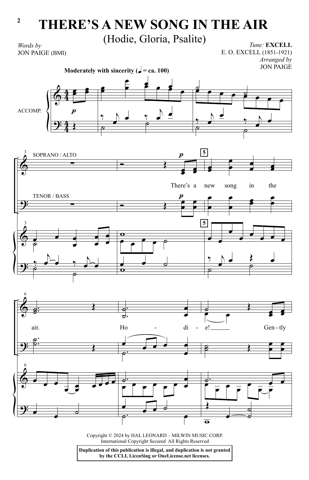 Download Jon Paige There's A New Song In The Air (Hodie, Gloria, Psallite) Sheet Music and learn how to play SATB Choir PDF digital score in minutes