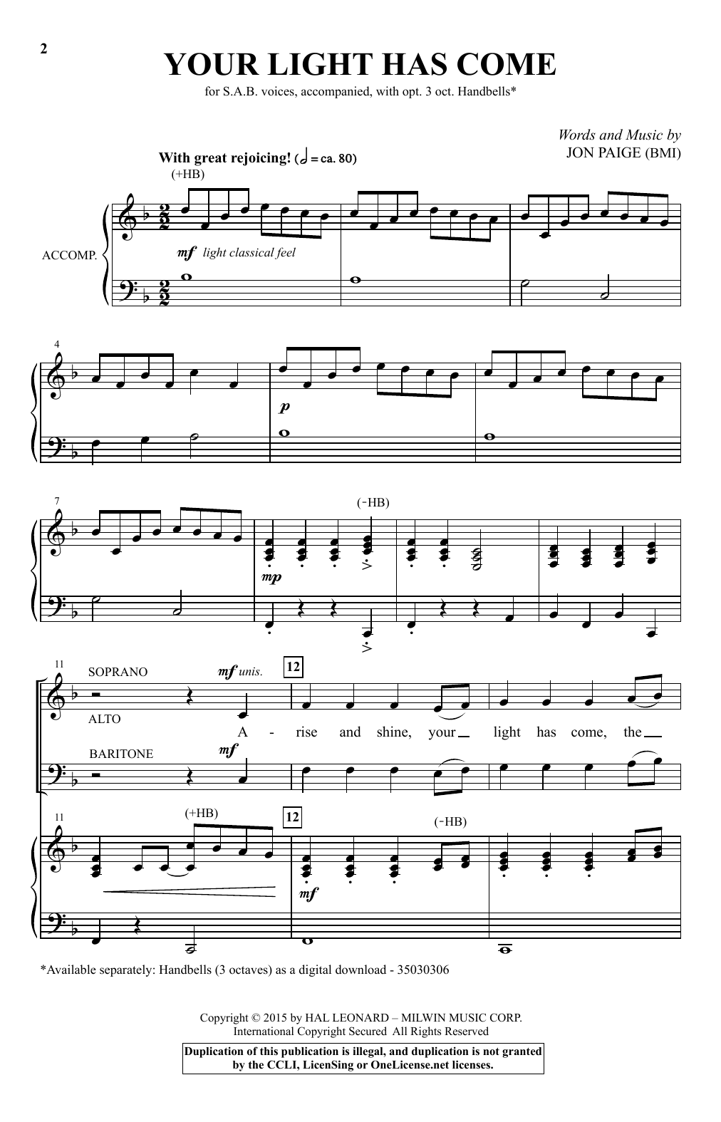 Download Jon Paige Your Light Has Come Sheet Music and learn how to play SAB PDF digital score in minutes