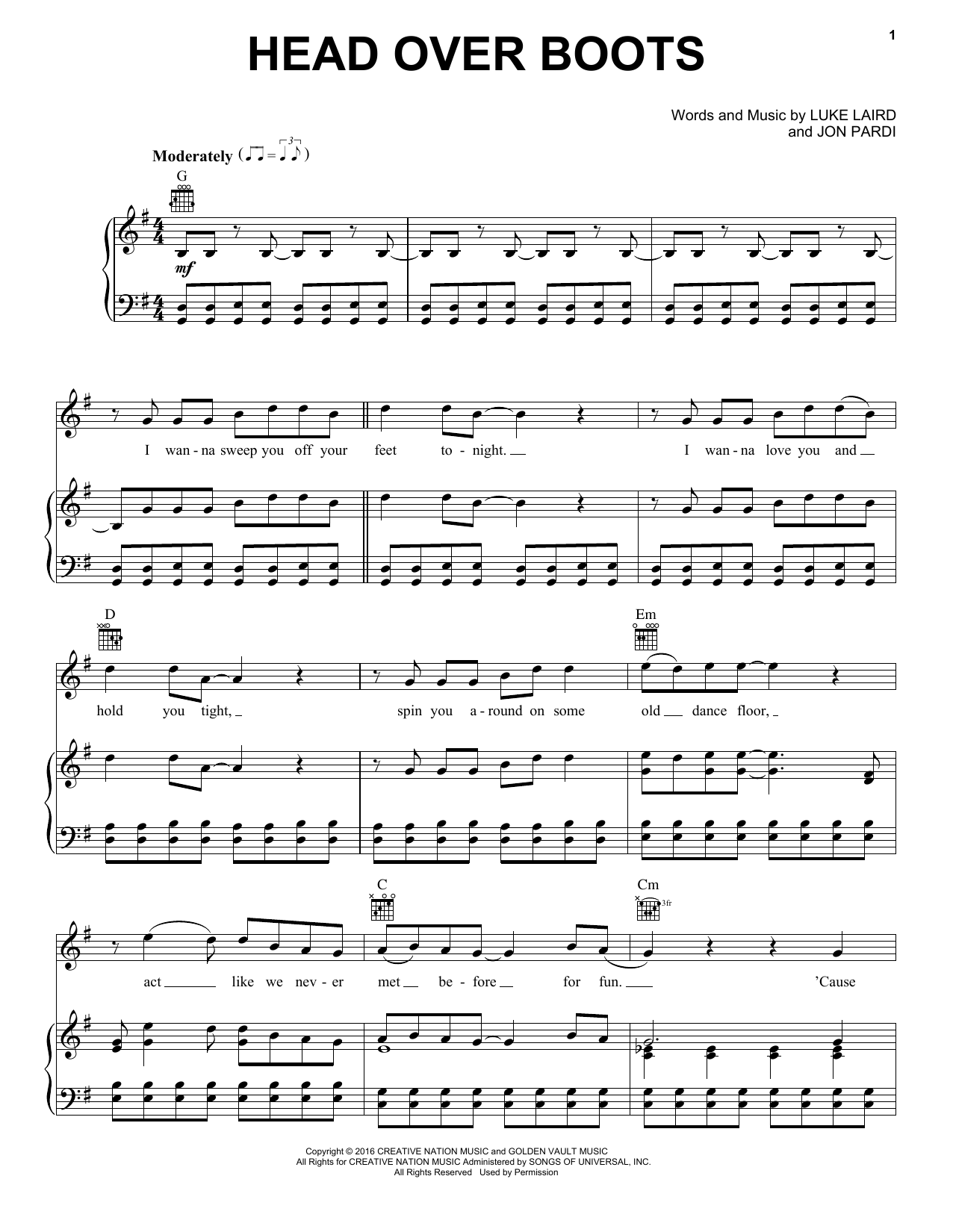 Download Jon Pardi Head Over Boots Sheet Music and learn how to play Piano, Vocal & Guitar (Right-Hand Melody) PDF digital score in minutes