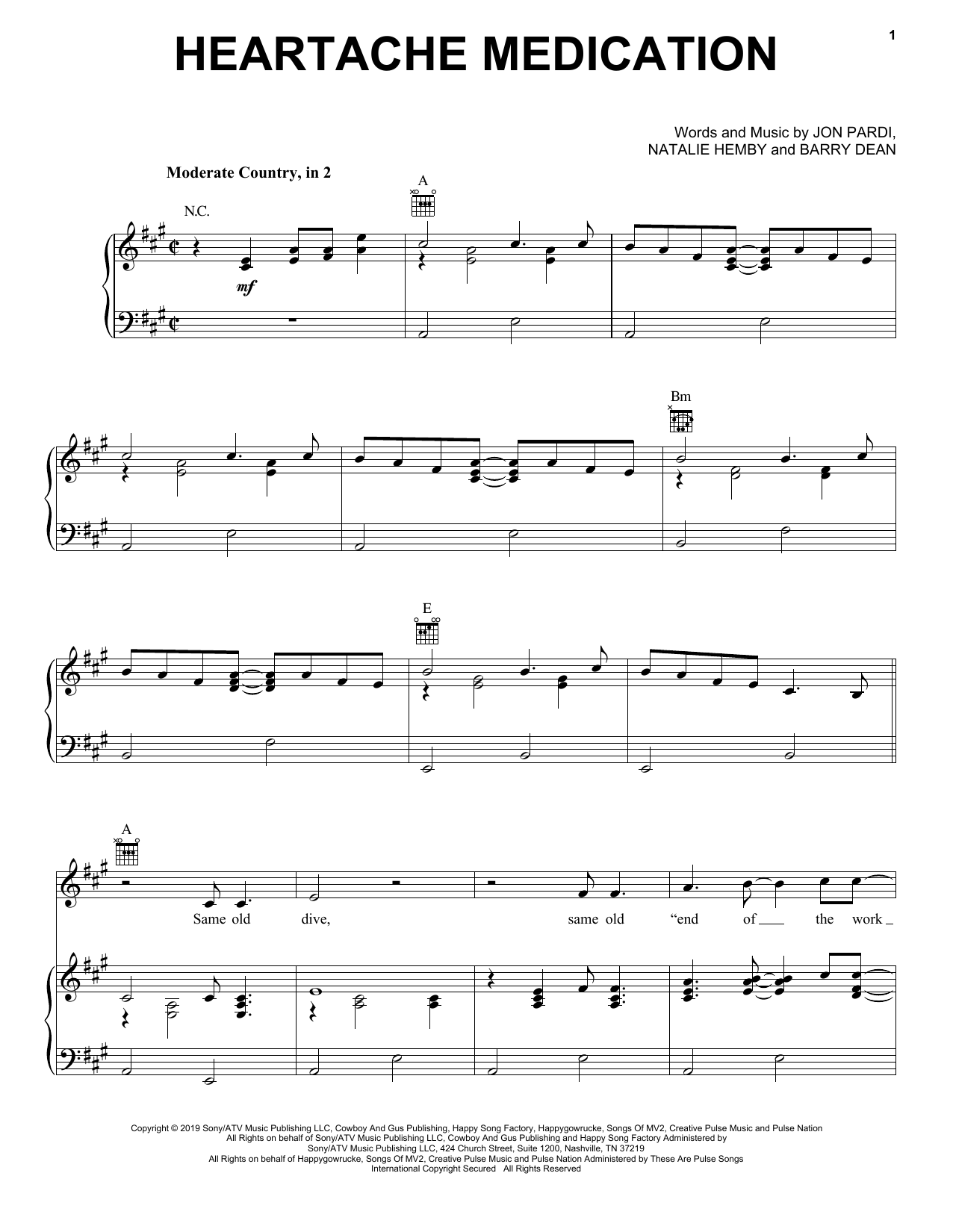 Download Jon Pardi Heartache Medication Sheet Music and learn how to play Piano, Vocal & Guitar Chords (Right-Hand Melody) PDF digital score in minutes