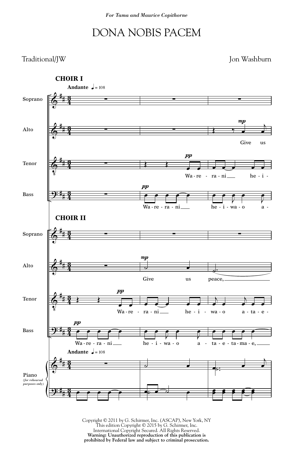 Download Jon Washburn Dona Nobis Pacem Sheet Music and learn how to play SATB PDF digital score in minutes
