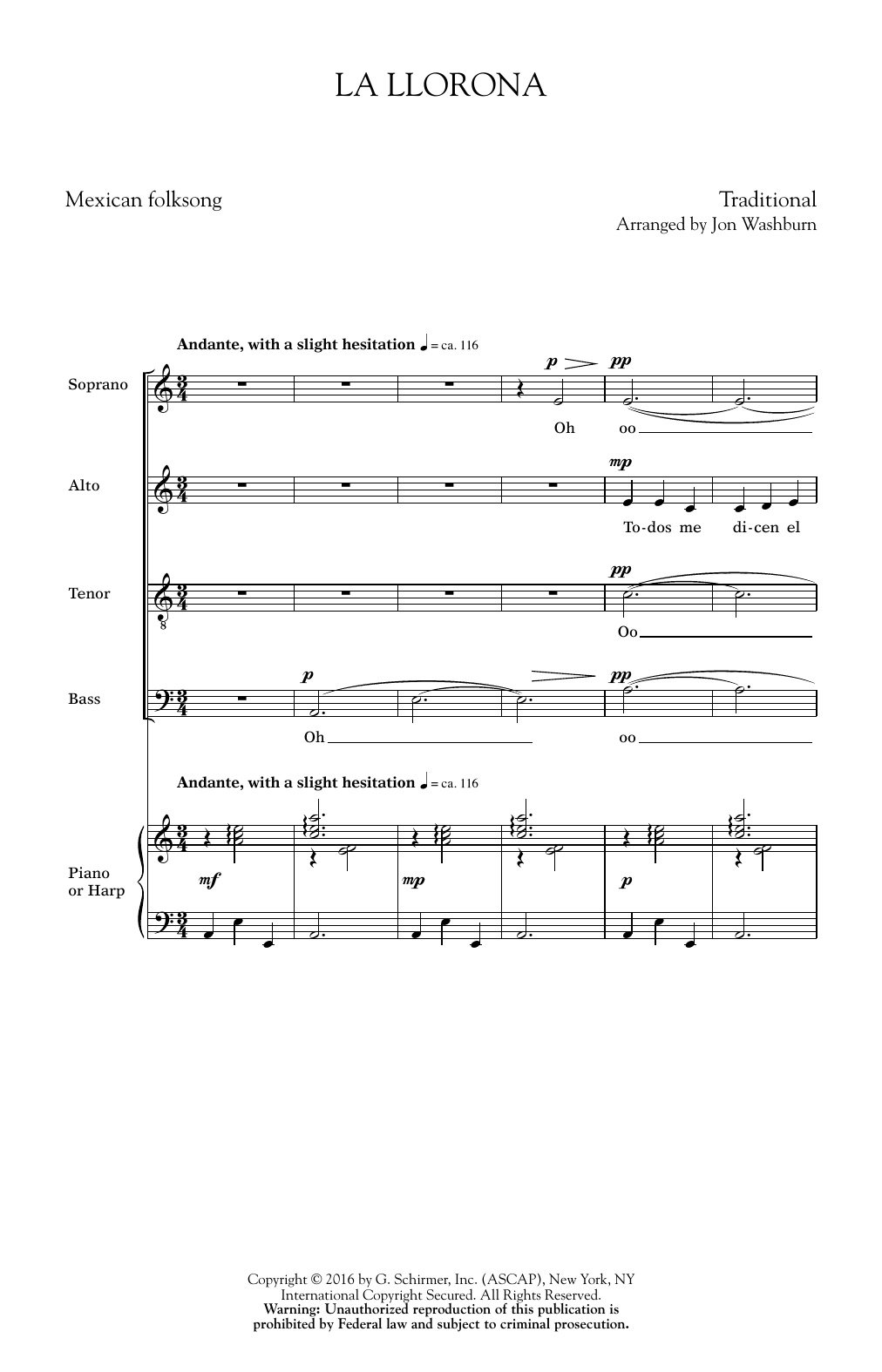 Download Mexican Folksong La Llorona (arr. Jon Washburn) Sheet Music and learn how to play SATB PDF digital score in minutes