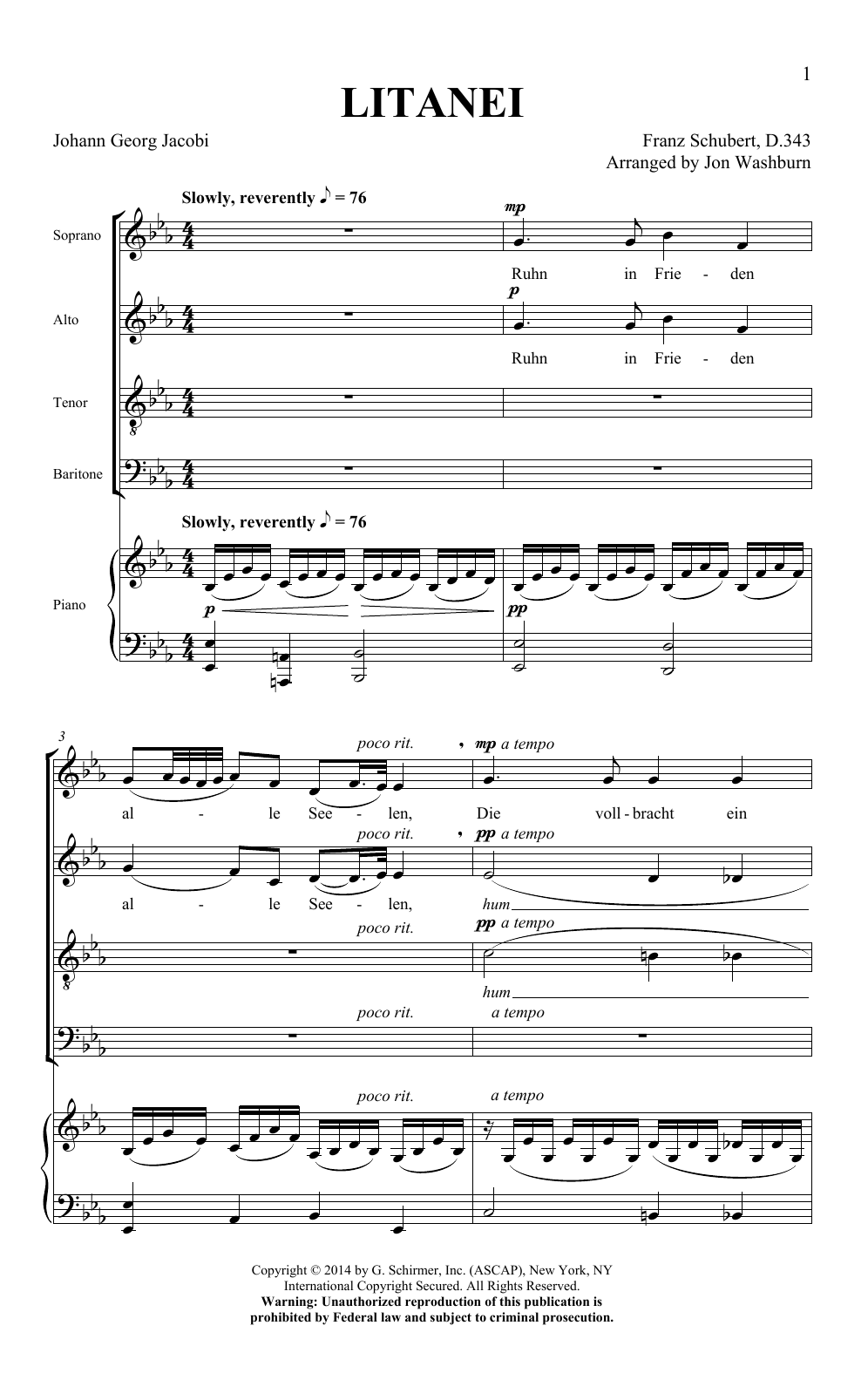 Download Franz Schubert Litanei (arr. Jon Washburn) Sheet Music and learn how to play SATB PDF digital score in minutes