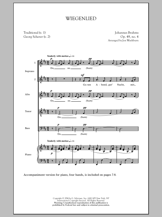 Download Johannes Brahms Wiegenlied (arr. Jon Washburn) Sheet Music and learn how to play Choral SSATB PDF digital score in minutes