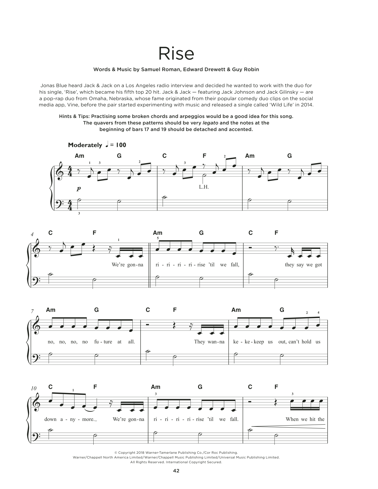 Download Jonas Blue feat. Jack & Jack Rise Sheet Music and learn how to play Really Easy Piano PDF digital score in minutes