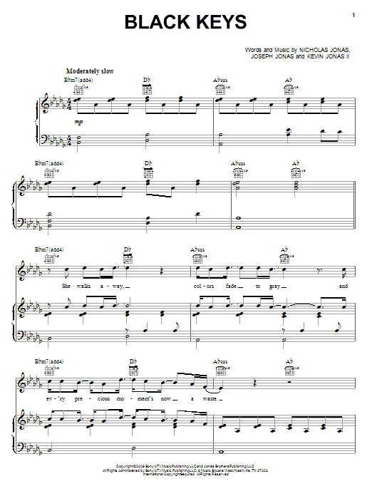 Download Jonas Brothers Black Keys Sheet Music and learn how to play Piano, Vocal & Guitar (Right-Hand Melody) PDF digital score in minutes